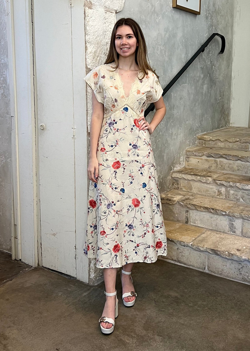 Priscilla Flower Vine Embroidered V-Neck Short Sleeve Maxi Dress