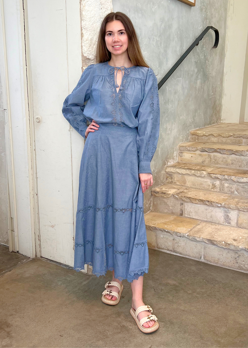 Lucia Flared Chambray Midi Skirt | European décor for the modern