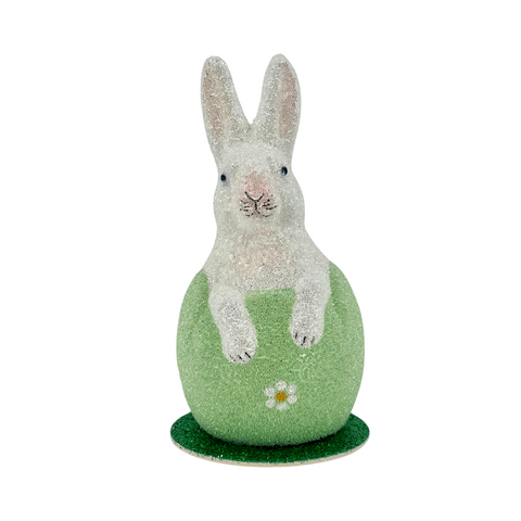 White Beaded Bunny in Painted Floral Egg in Light Green