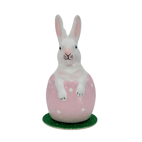 White Glittered Bunny in Painted Polka Dot Egg in Pale Pink
