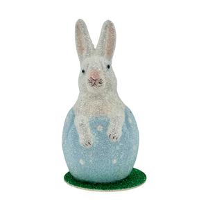 White Beaded Bunny in Painted Floral Egg in Baby Blue