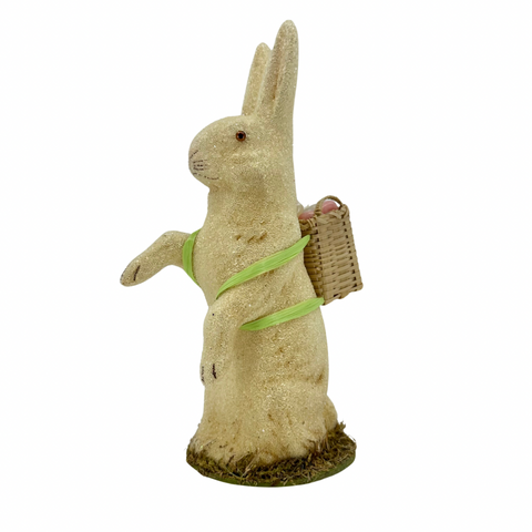 Beaded Cream Bunny with Natural Basket Backpack Standing in the Grass