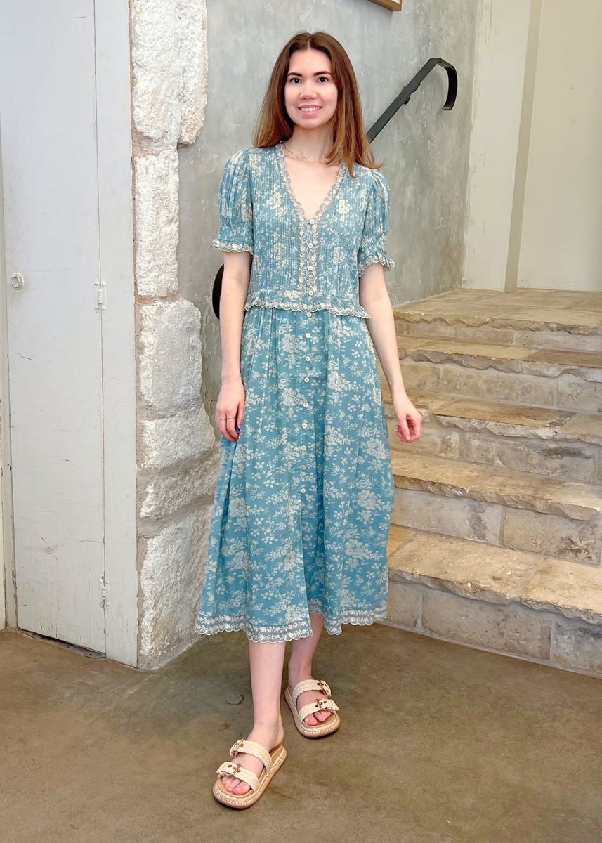 blue printed midi dress Dusty Blue Short Sleeve Collared Neck Floral Print Belted Pleated Hem Midi Dress