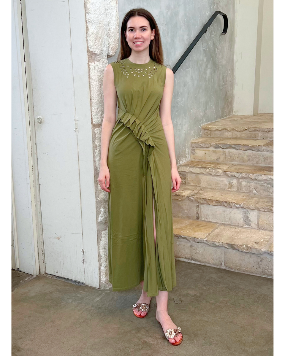 ulla johnson green dress Jeune Sleeveless Ruffled Jersey Cotton Midi in Lichen elven Size:16/36 Pullover design 1960s Gold Striped Black