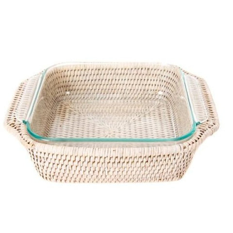 Square Rattan Wrapped Baker in Whitewash
