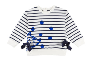 Melou Long Sleeve Striped Top with Bows in White + Navy