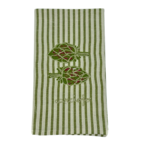 Melograno Embroidered Green Striped Kitchen Towel in Artichoke