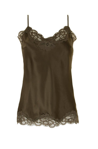 Floral Lace-Trimmed Silk Camisole in Dark Olive