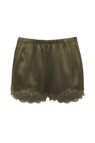 Floral Lace-Trimmed Silk Shorts in Dark Olive