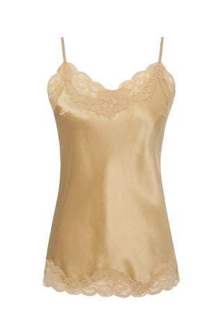 Floral Lace-Trimmed Silk Camisole in Desert Camel