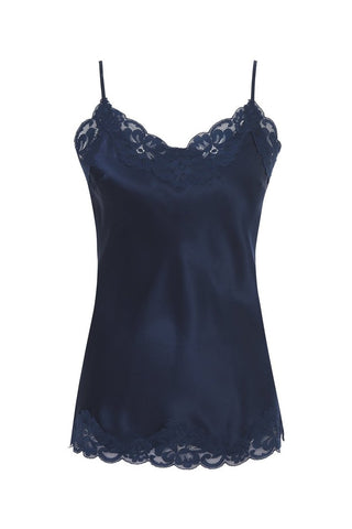 Floral Lace-Trimmed Silk Camisole in Navy