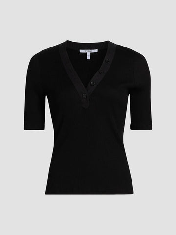 Adrian V-Neck Short Sleeve Ribbed Tee with Button Placket in Black
