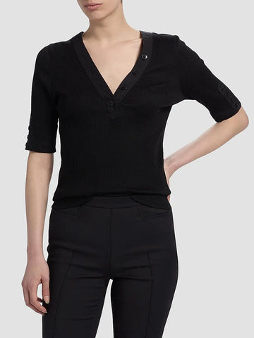 Adrian V-Neck Short Sleeve Ribbed Tee with Button Placket in Black