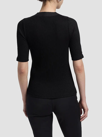 Adrian V-Neck Short Sleeve Ribbed Tee with Button Placket in Black