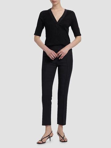 Adrian V-Neck Short Sleeve Ribbed Tee with Button Placket in Black