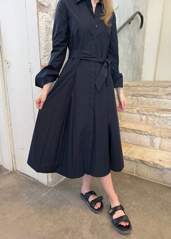 Annette LS Pleated Shirt Dress in Midnight