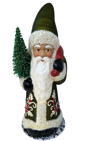 Crystal + Beaded Holly Leaf Santa with Fir Tree + Gift Bag