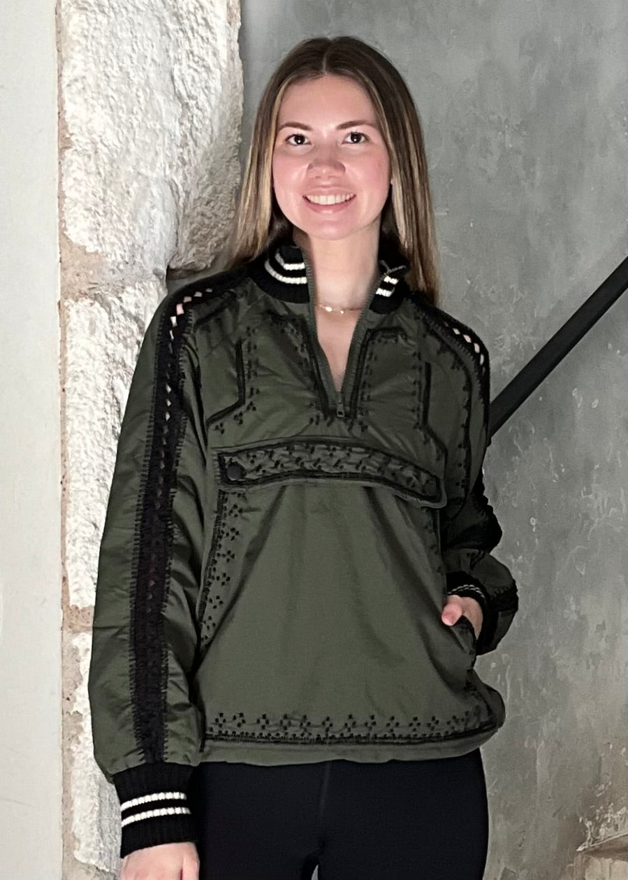 Mille Embroidered Long Sleeve Windbreaker Top in Olive