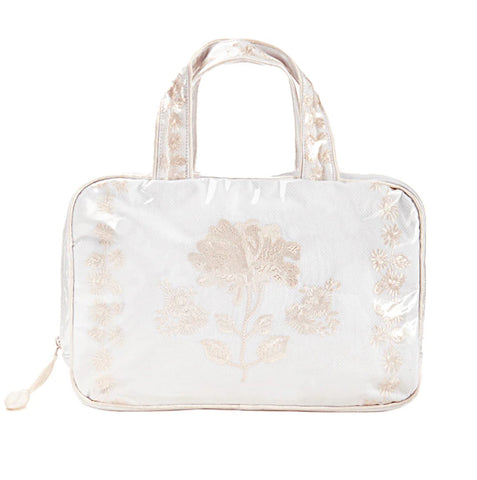 Peony Embroidered Double Handle Cosmetic Bag with Ivory Satin Trim