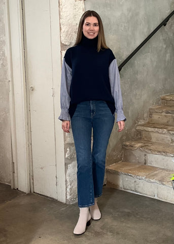 Devana Mixed Media Knit Turtleneck Combo Sweater in Navy