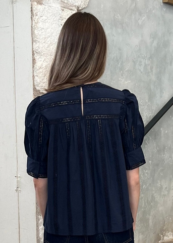 Nara Embroidered Stripe Short Sleeve Top in Midnight