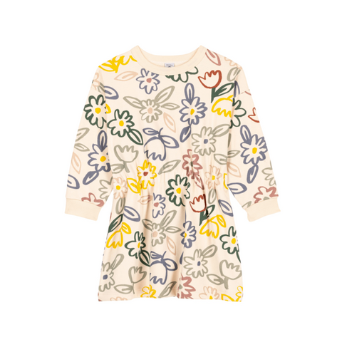 Flower Sketch Print Long Sleeve Cinch Waist Dress in Cream