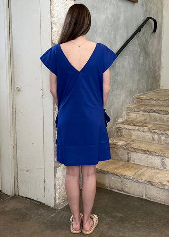 Short Sleeve Crewneck Shift Dress with 3D Flower Pockets in Cobalt