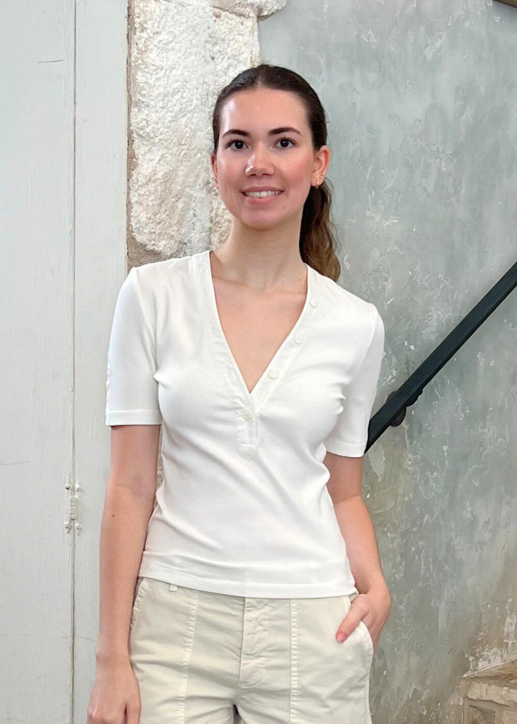 Adrian V-Neck Short Sleeve Ribbed Tee with Button Placket in Off White