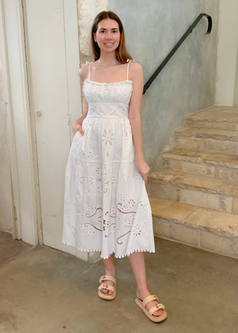 Liat Embroidered Sleeveless A-Line Midi Dress in White