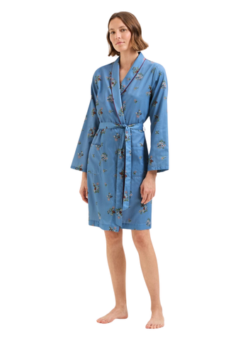Flore Cotton Sateen Short Robe in Bleu