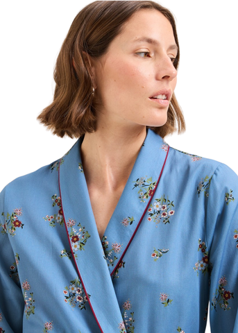 Flore Cotton Sateen Short Robe in Bleu