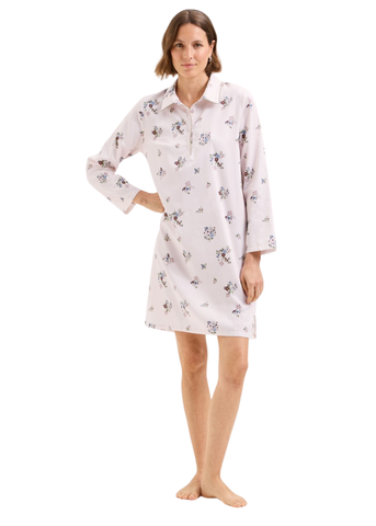 Flore Cotton Sateen Long Sleeve Nightshirt in Pearl