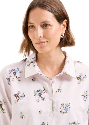 Flore Cotton Sateen Long Sleeve Nightshirt in Pearl