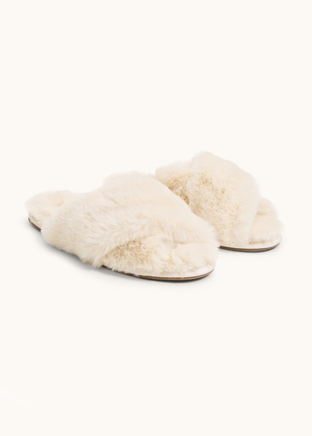 Faux Fur Criss Cross Mule Slipper in Ecru