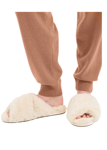 Faux Fur Criss Cross Mule Slipper in Ecru