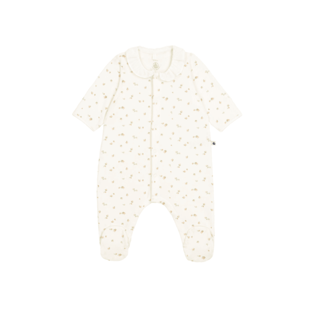 Petit Rosebud Print Ruffle Collar Front Snap Velour Footie in White