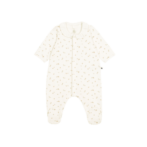 Petit Rosebud Print Ruffle Collar Front Snap Velour Footie in White