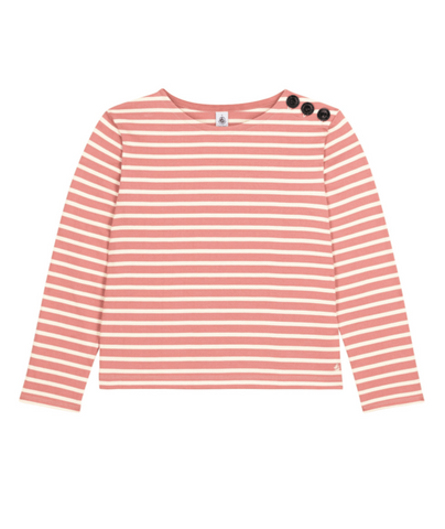 Long Sleeve Breton Button Shoulder Top in White + Pink