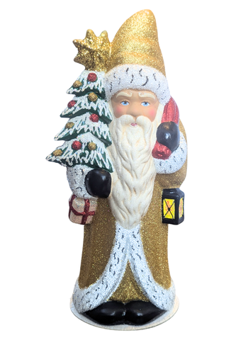 Hand Painted Long Bearded Santa in Bead Trimmed Gold Coat + Hat with Toy Bag, Lantern + Fit Tree