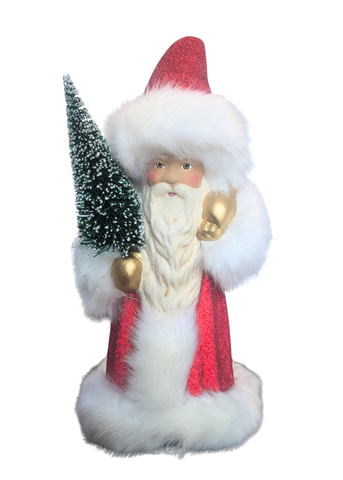 Hand Painted Santa in Fur Trimmed Red Beaded Coat + Hat with Snowy Fir Tree