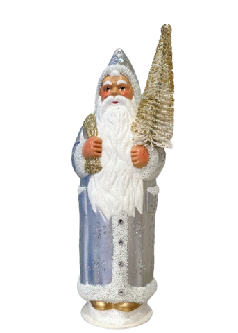 Hand Painted Silver Santa in Fur Trimmed Snowflake Motif Winter Coat + Hat with Toy Bag + Fir Tree