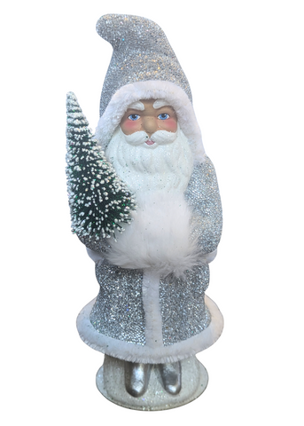 Hand Painted Silver Santa in Fur Trimmed Winter Coat, Hat + Fur Hand Muff with Fir Tree
