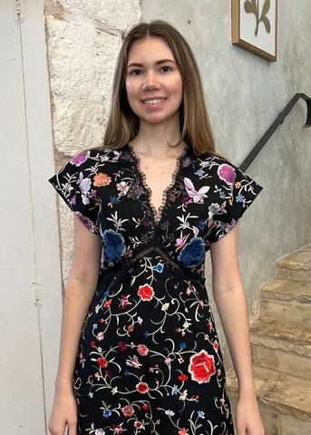 Priscilla Flower Vine Embroidered V-Neck Short Sleeve Maxi Dress in Black | European dcor for the modern household Priscilla Flower Vine Embroidered V-Neck Short Sleeve Maxi Dress in Black | European dcor for the modern household
