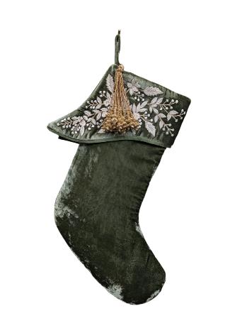 Liza Velvet Stocking with Ivory Embroidered Cuff in Evergreen