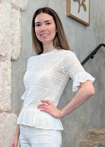 Flora Short Sleeve Multi-Stitch Knit Top in Pristine