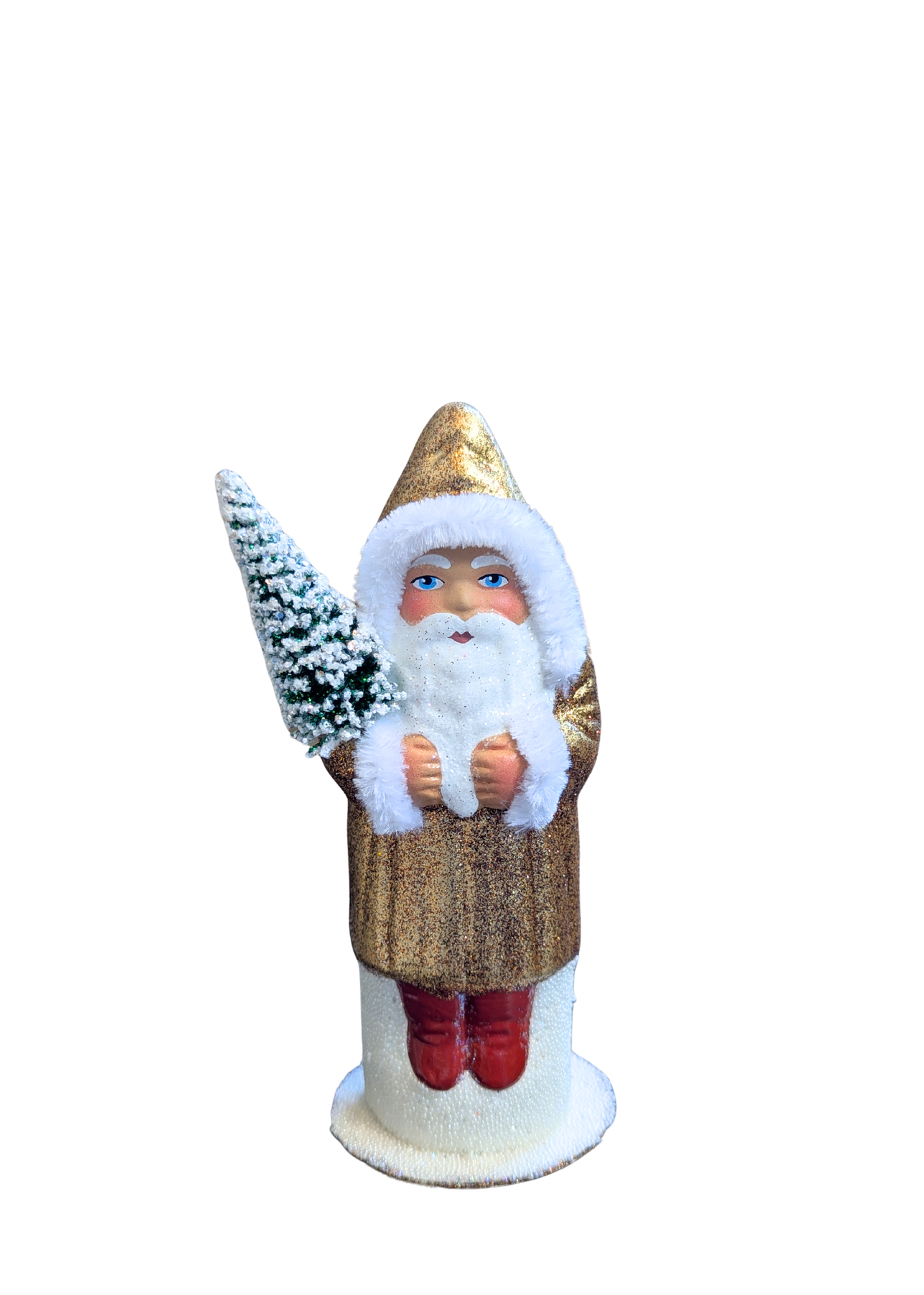 Glitter + Beaded Santa In Winter Coat With Snowy Fir Tree