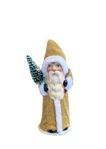 Long Bearded Santa In Glittered Winter Coat With Toy Bag + Fir Tree