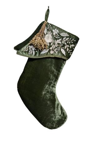 Liza Velvet Stocking with Ivory Embroidered Cuff in Grass Green