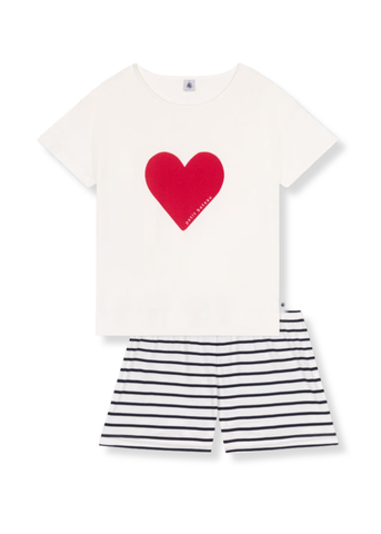 Short Sleeve Heart Graphic Tee + Striped Shorts Loungeweaar Set in White, Red + Blue