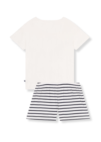 Short Sleeve Heart Graphic Tee + Striped Shorts Loungeweaar Set in White, Red + Blue